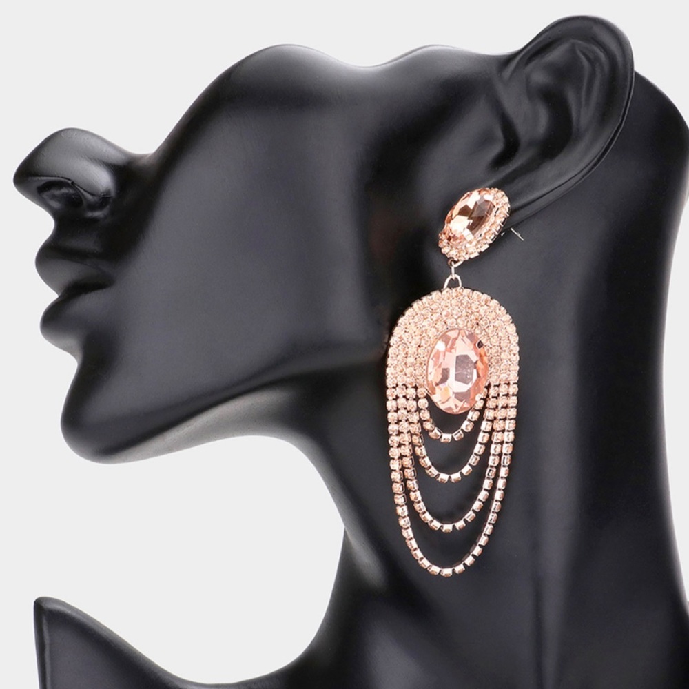 Rose Gold Oval Stone Accented Draped Rhinestone Dangle Earrings
